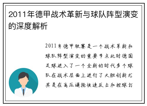 2011年德甲战术革新与球队阵型演变的深度解析